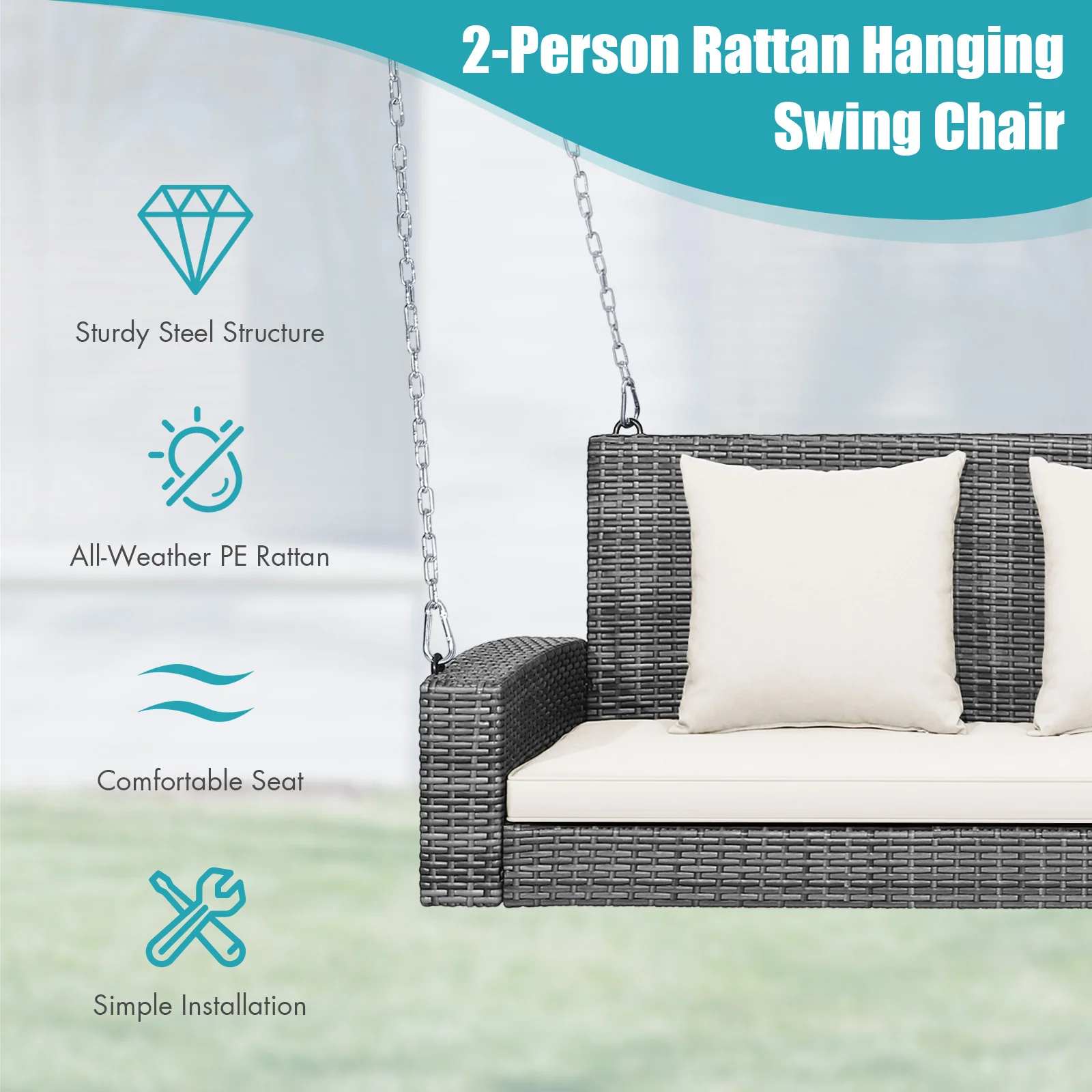 2-Person Patio Wicker Hanging Swing Bench, 800 Pounds, White - Image 7