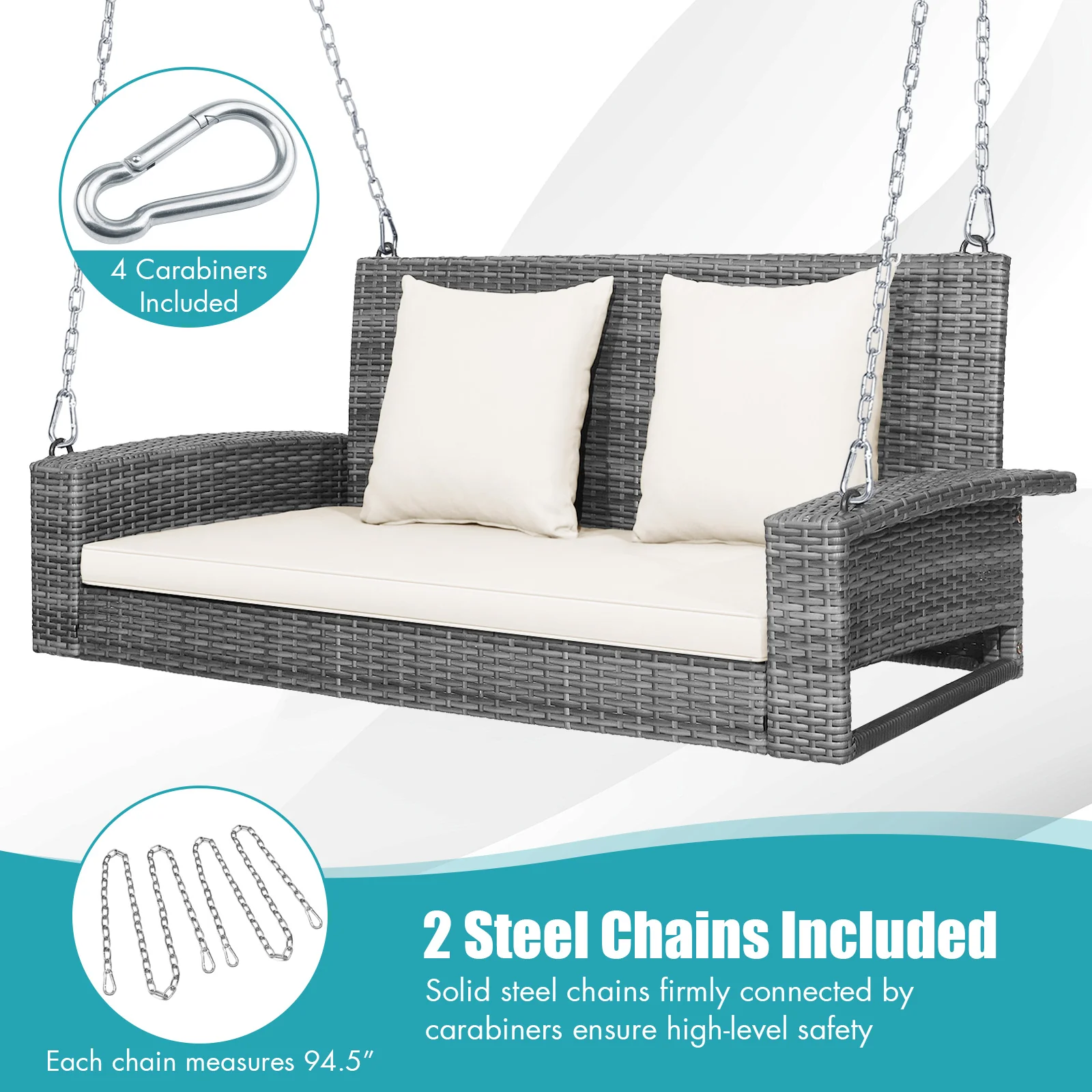 2-Person Patio Wicker Hanging Swing Bench, 800 Pounds, White - Image 8
