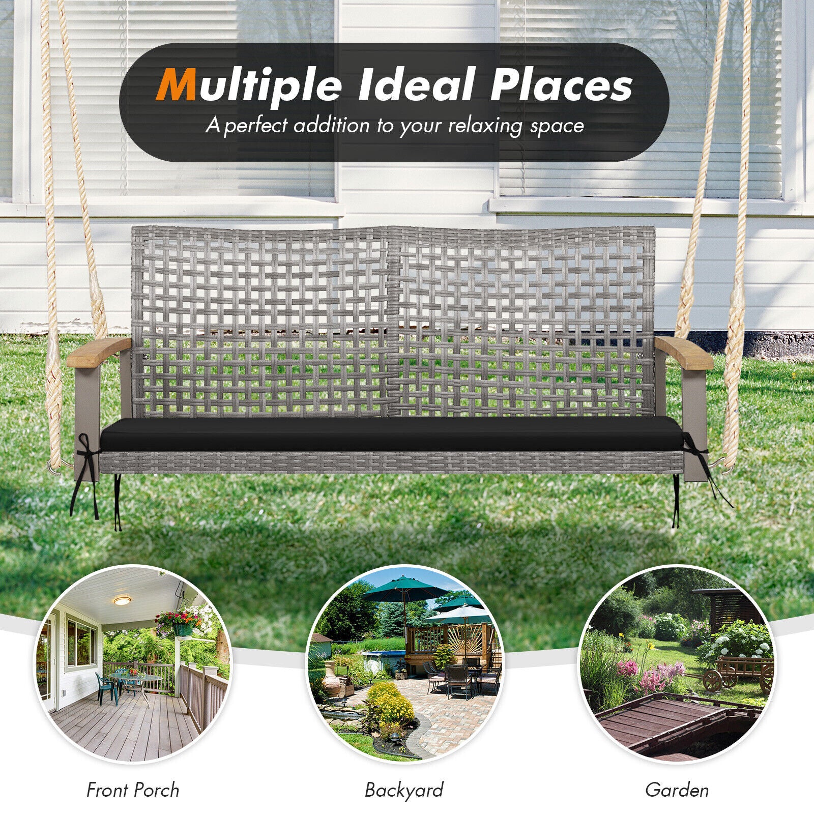 2-Person Patio Wicker Hanging Swing Chair, Black - Image 10