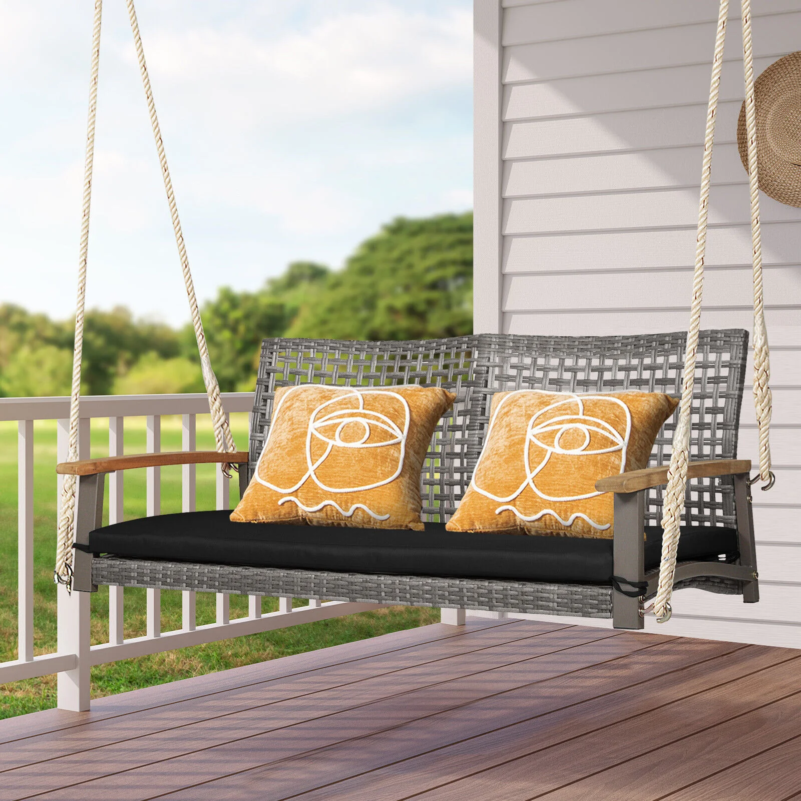 2-Person Patio Wicker Hanging Swing Chair, Black - Image 2