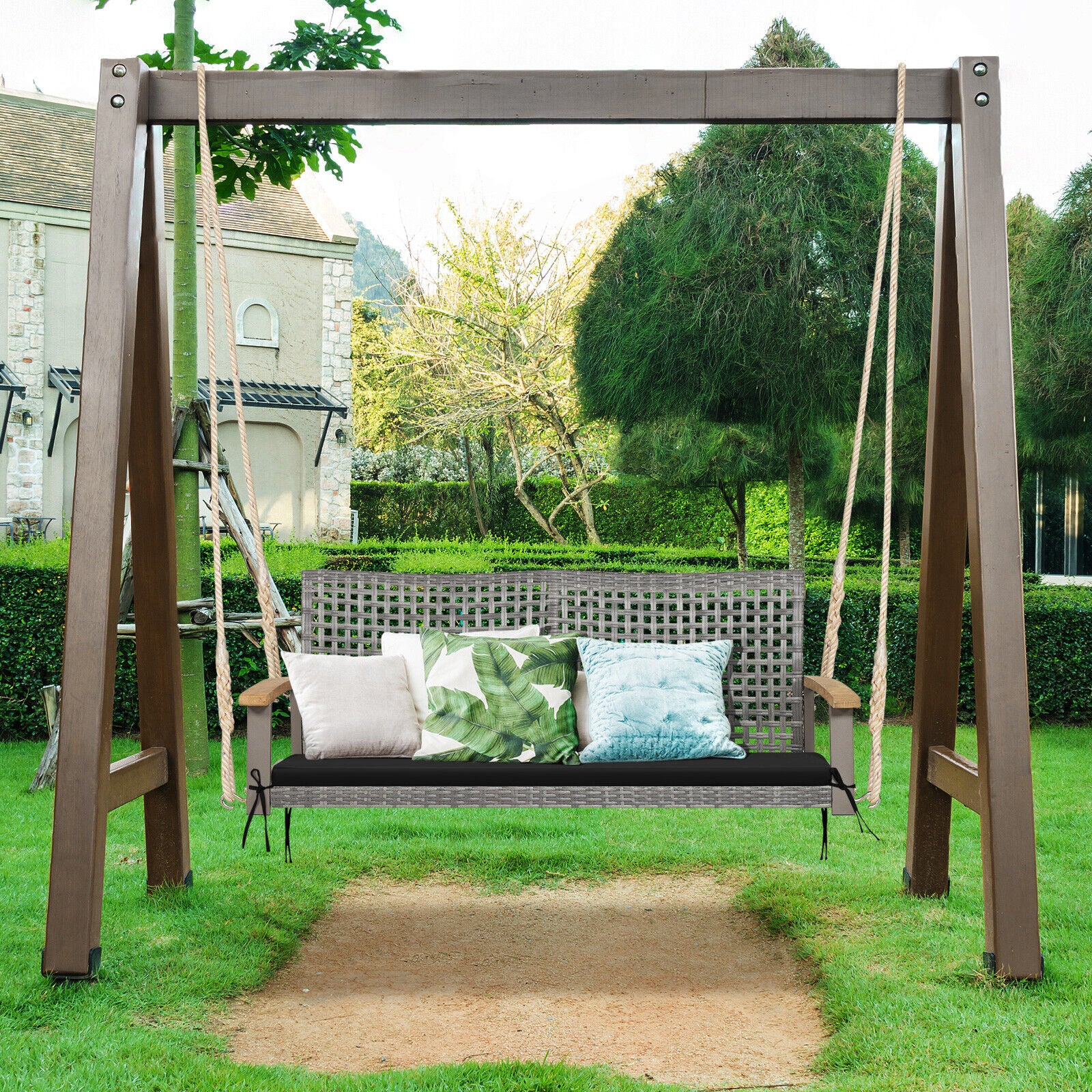 2-Person Patio Wicker Hanging Swing Chair, Black - Image 3