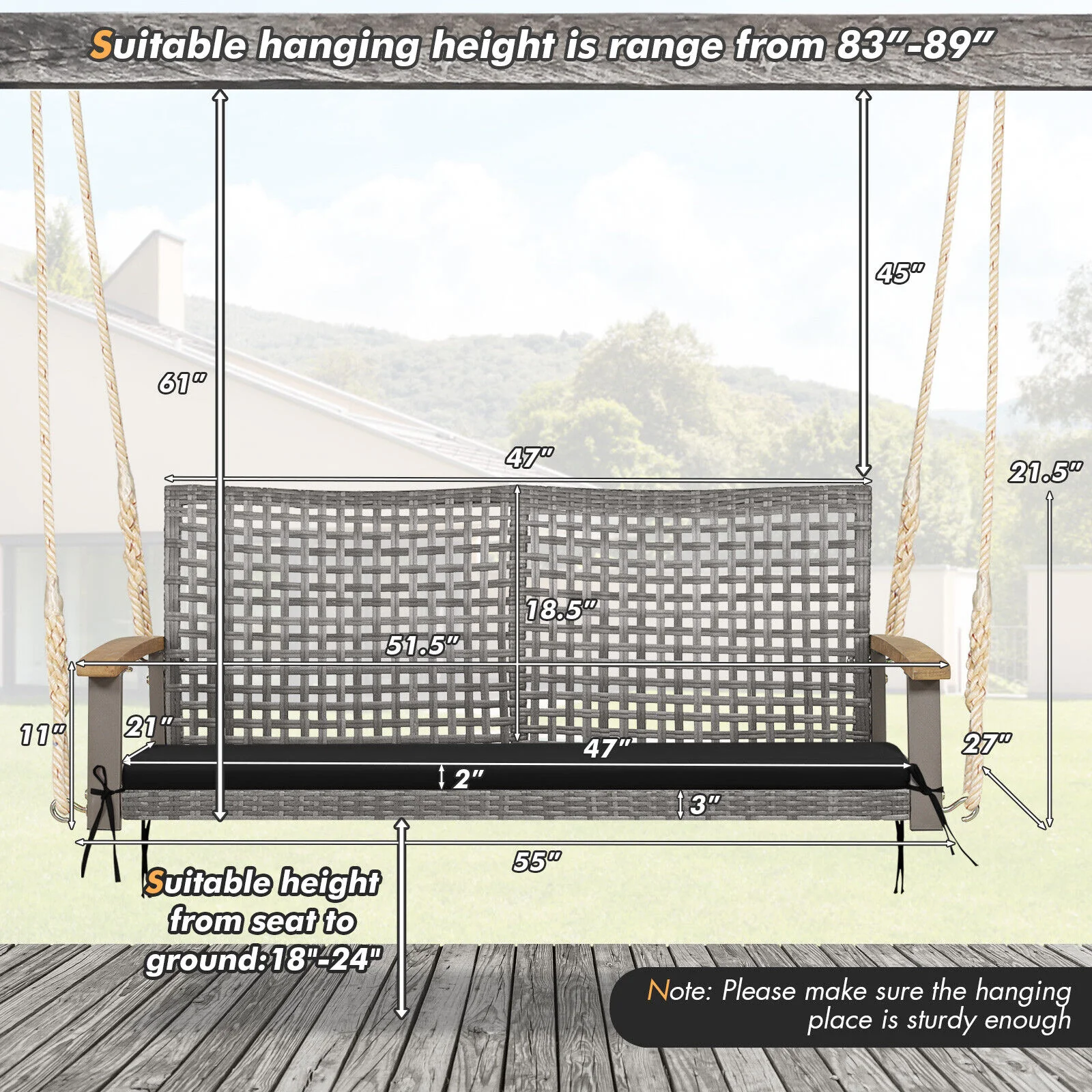 2-Person Patio Wicker Hanging Swing Chair, Black - Image 6