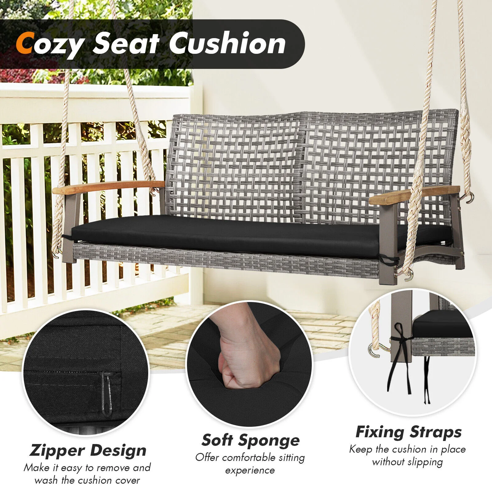 2-Person Patio Wicker Hanging Swing Chair, Black - Image 7