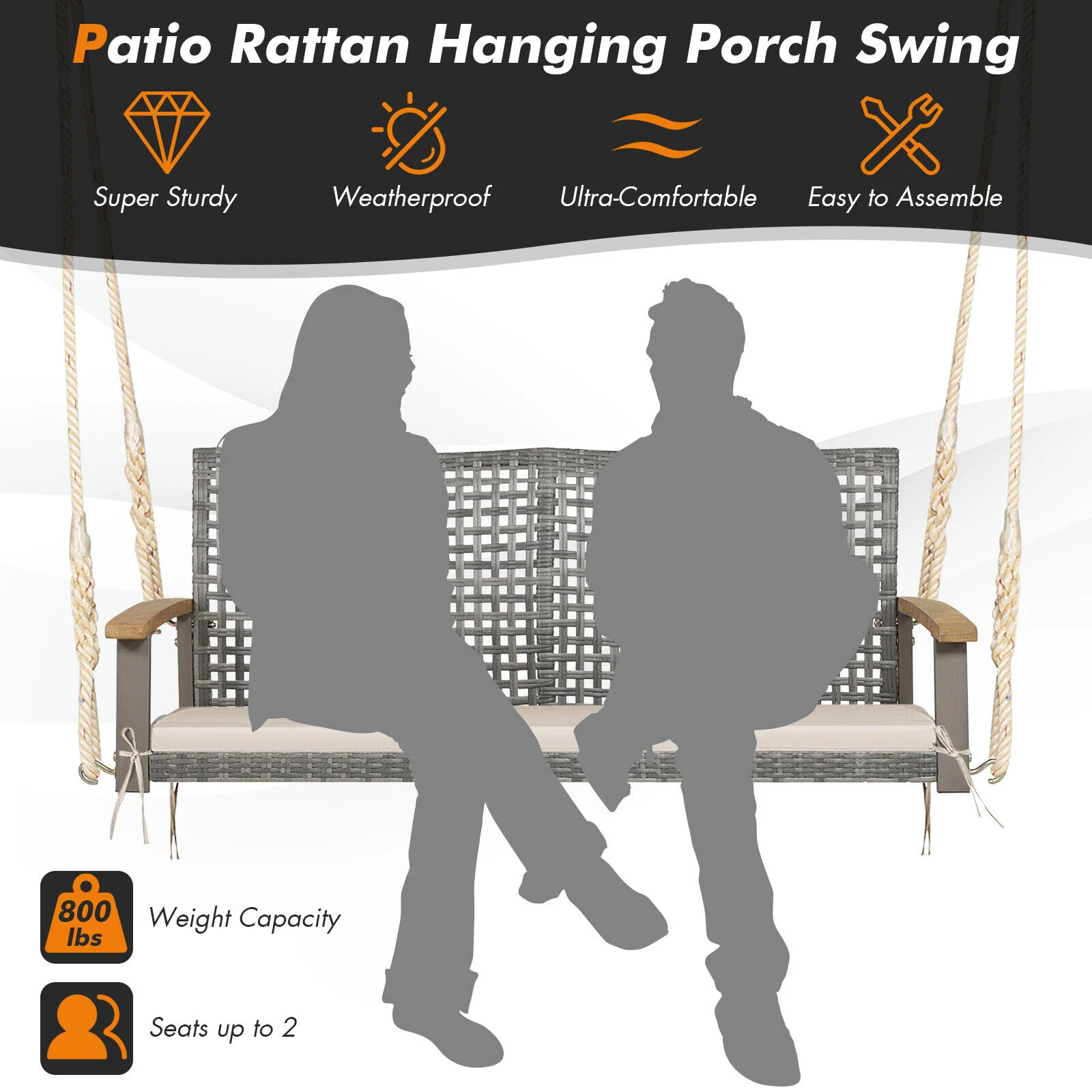 2-Person Patio Wicker Hanging Swing Chair, Off White - Image 10