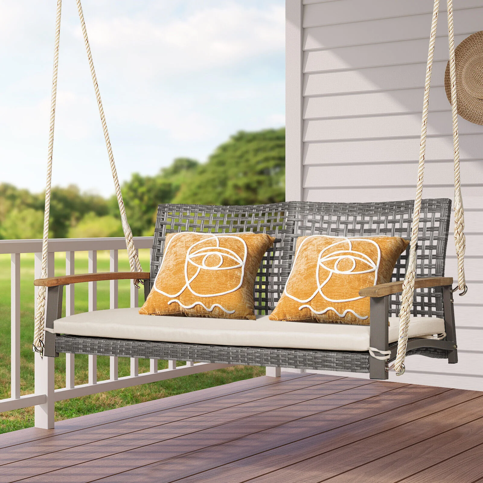 2-Person Patio Wicker Hanging Swing Chair, Off White - Image 2
