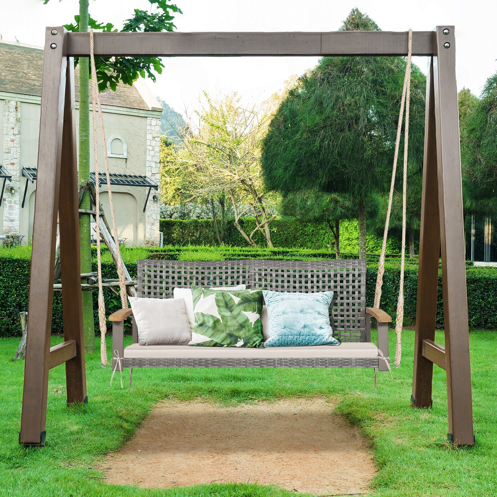 2-Person Patio Wicker Hanging Swing Chair, Off White - Image 3