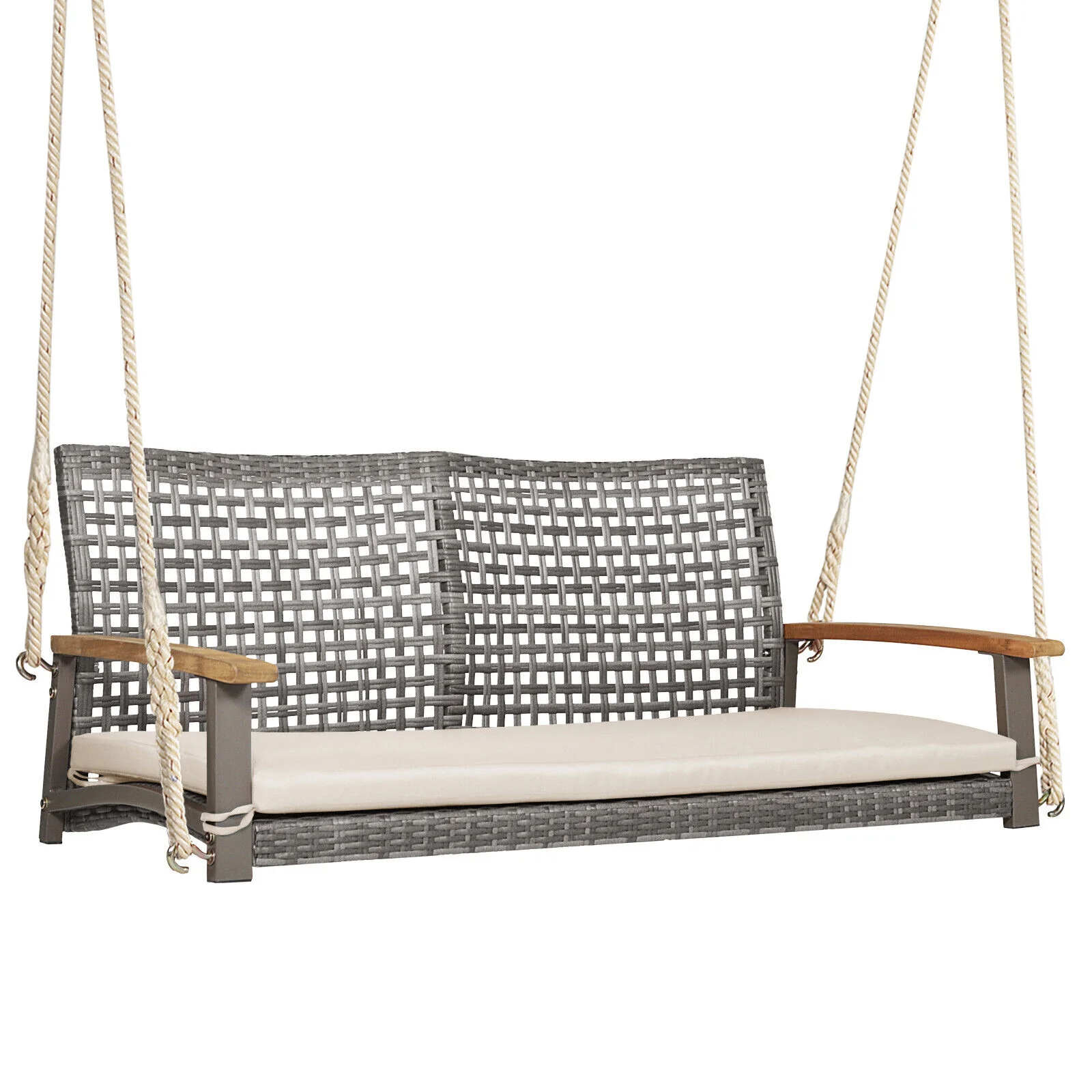 2-Person Patio Wicker Hanging Swing Chair, Off White - Image 4