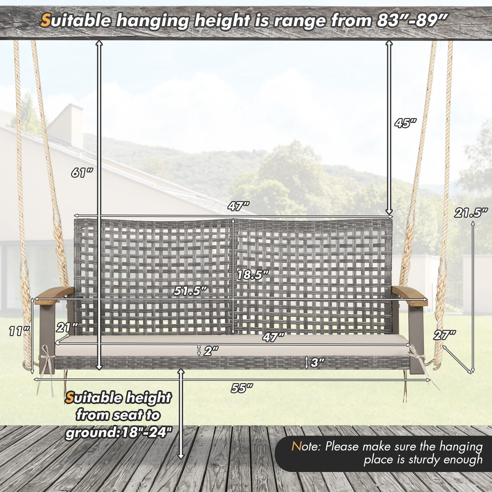 2-Person Patio Wicker Hanging Swing Chair, Off White - Image 5