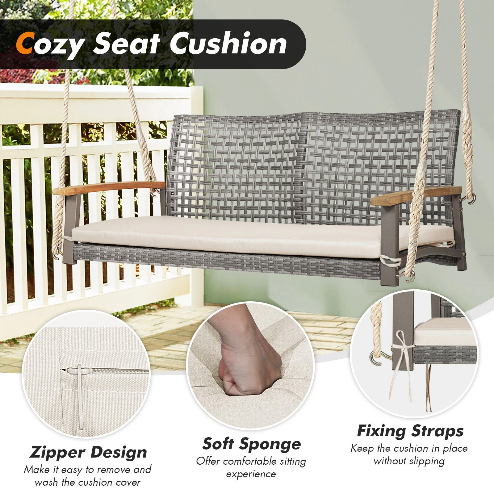 2-Person Patio Wicker Hanging Swing Chair, Off White - Image 6