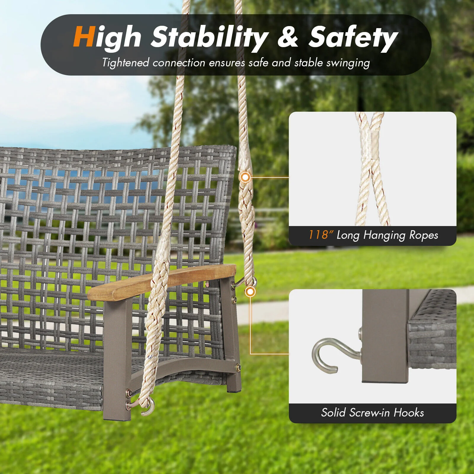 2-Person Patio Wicker Hanging Swing Chair, Off White - Image 8