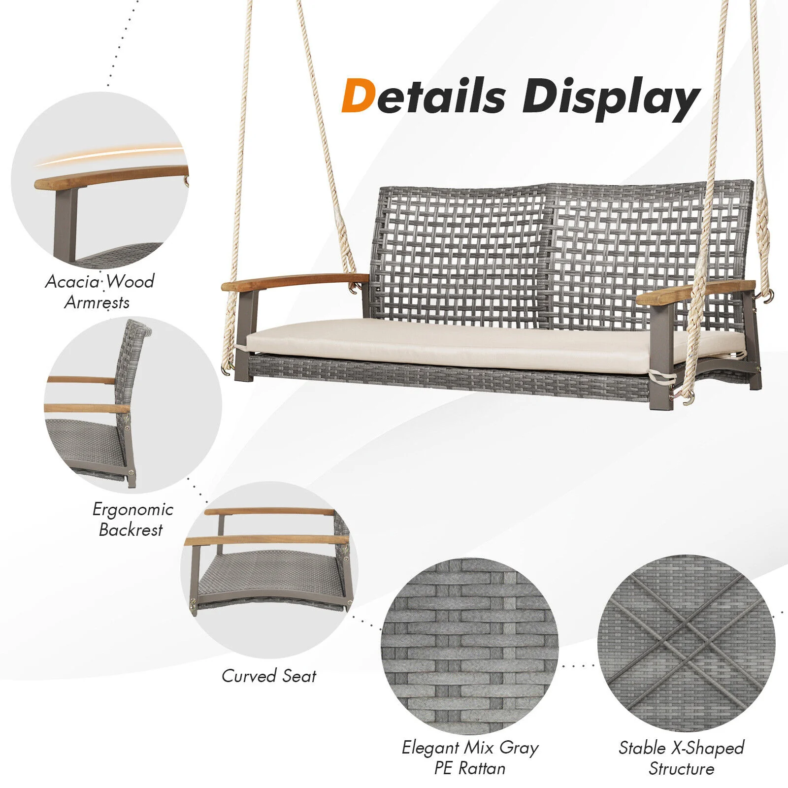2-Person Patio Wicker Hanging Swing Chair, Off White - Image 9