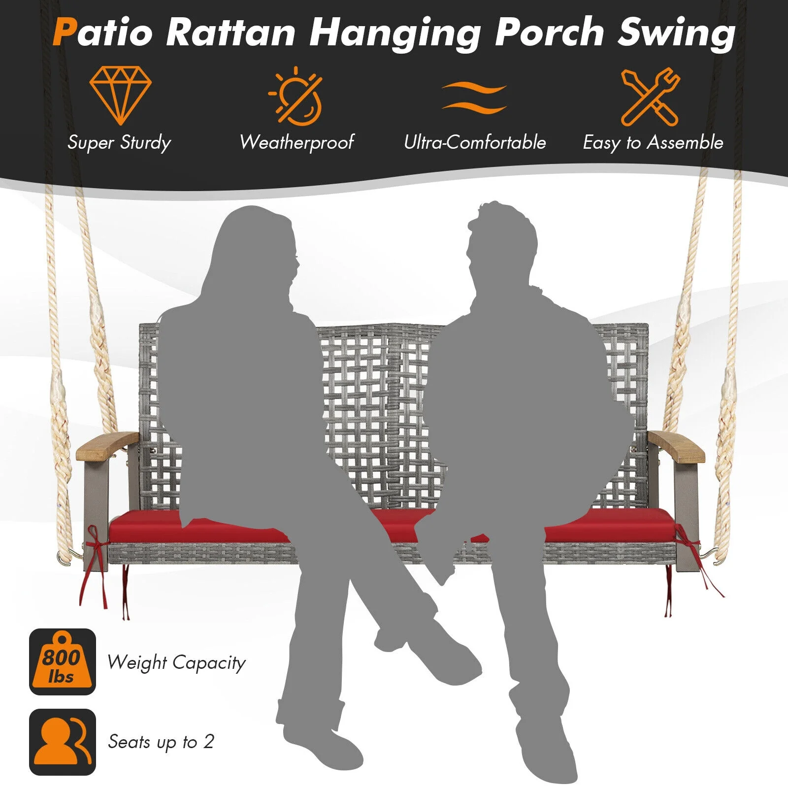 2-Person Patio Wicker Hanging Swing Chair, Red - Image 10