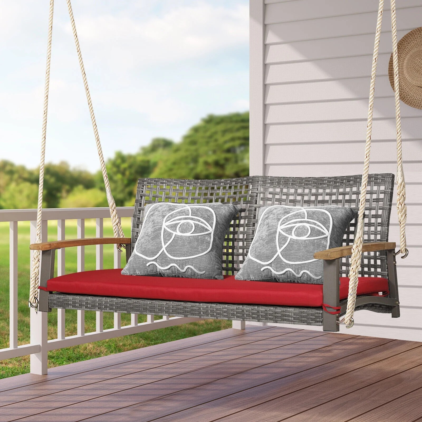 2-Person Patio Wicker Hanging Swing Chair, Red - Image 2