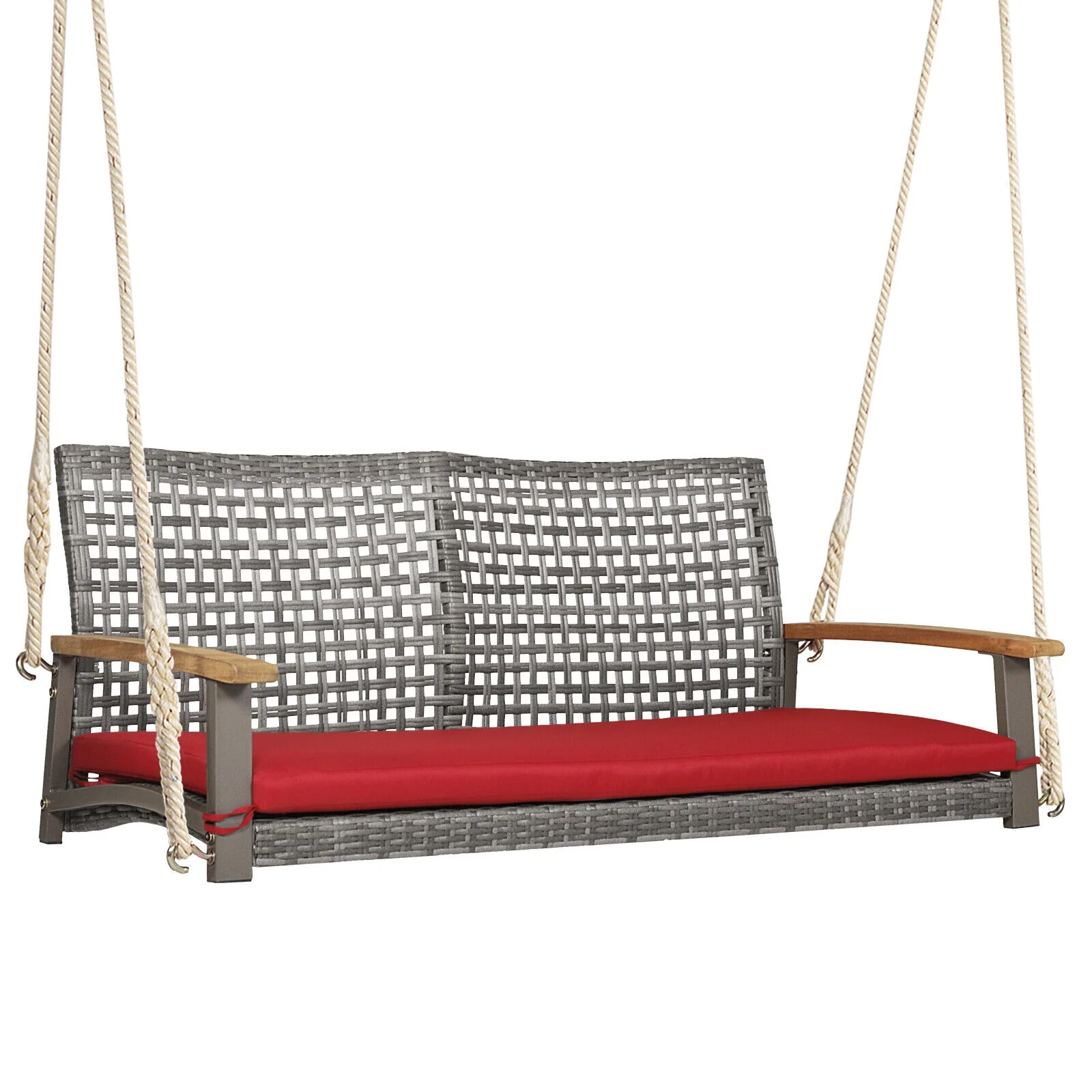 2-Person Patio Wicker Hanging Swing Chair, Red - Image 4