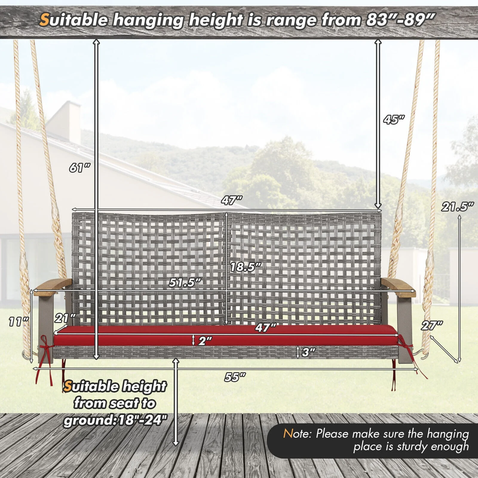 2-Person Patio Wicker Hanging Swing Chair, Red - Image 5