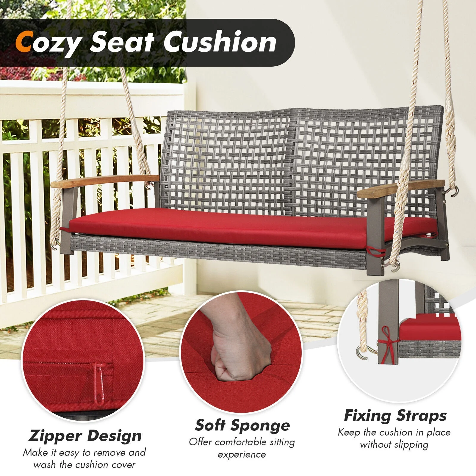 2-Person Patio Wicker Hanging Swing Chair, Red - Image 6