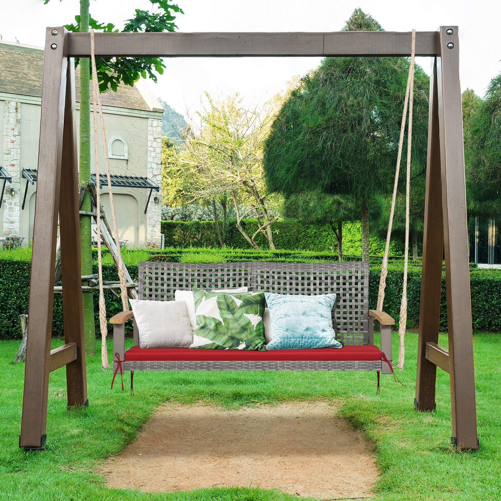 2-Person Patio Wicker Hanging Swing Chair, Red - Image 7