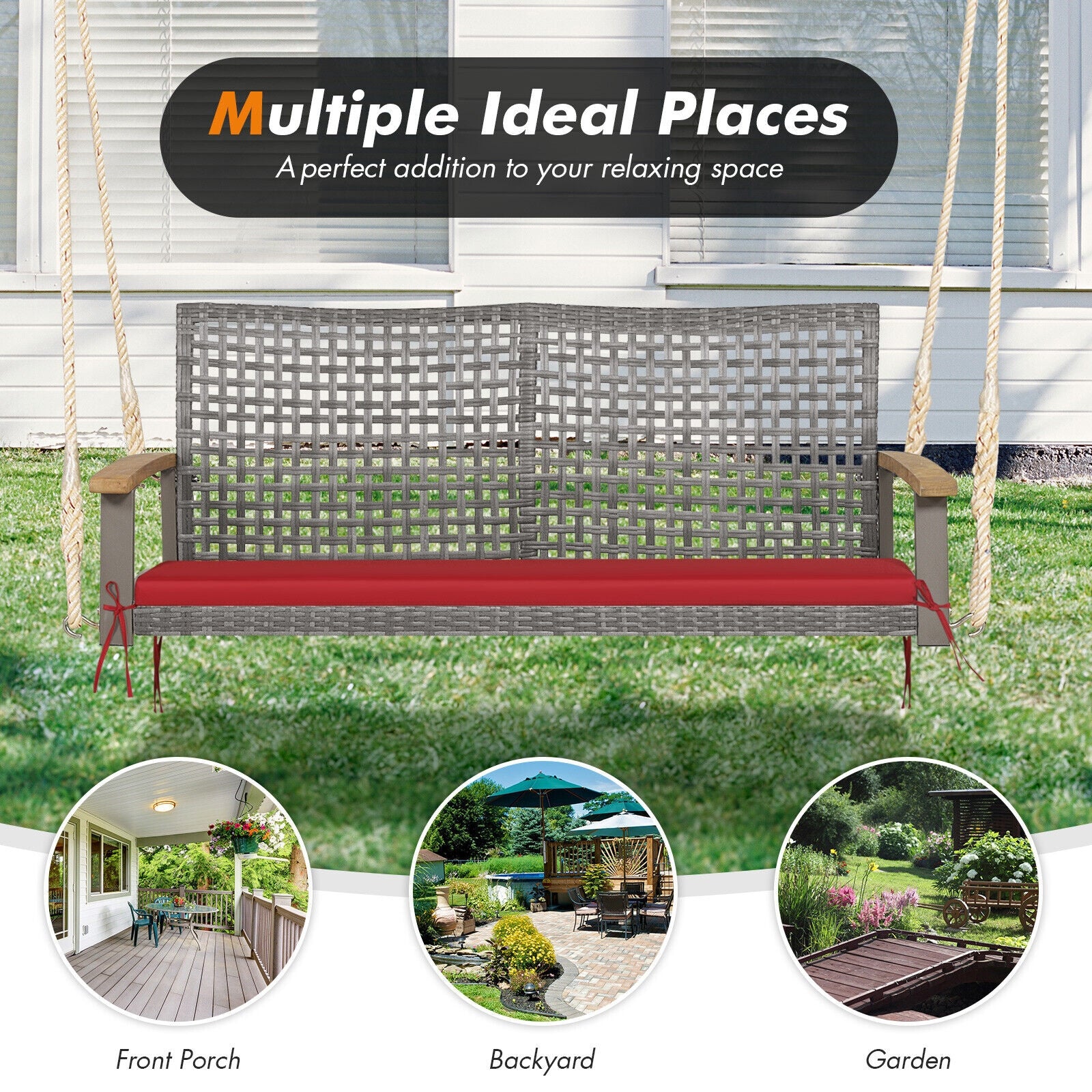 2-Person Patio Wicker Hanging Swing Chair, Red - Image 8