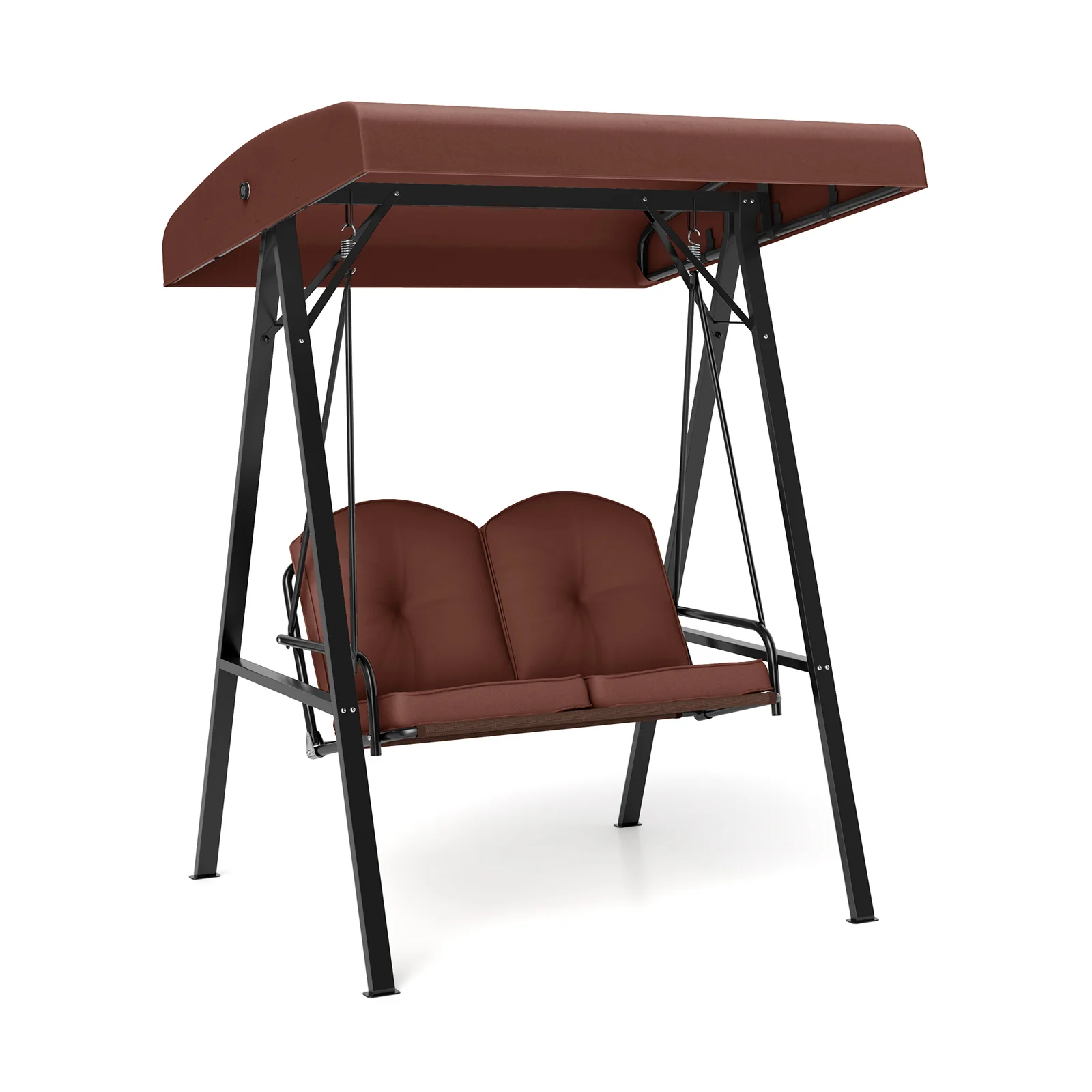 2-Person Porch Swing, A-Shaped Metal Stand, Adjustable Canopy, Brown