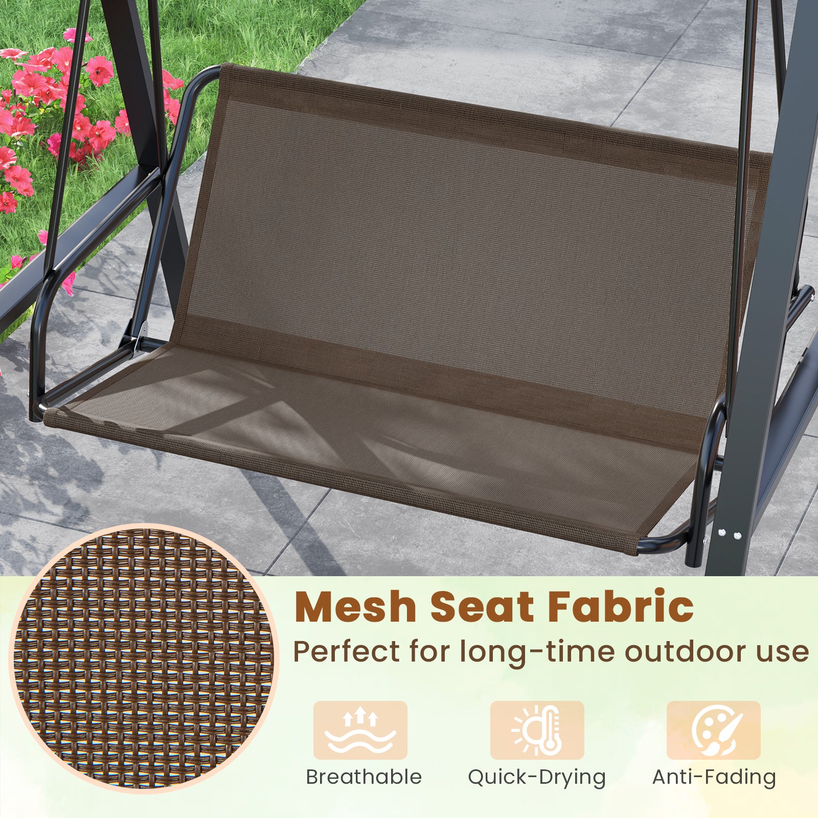 2-Person Porch Swing, A-Shaped Metal Stand, Adjustable Canopy, Brown - Image 10
