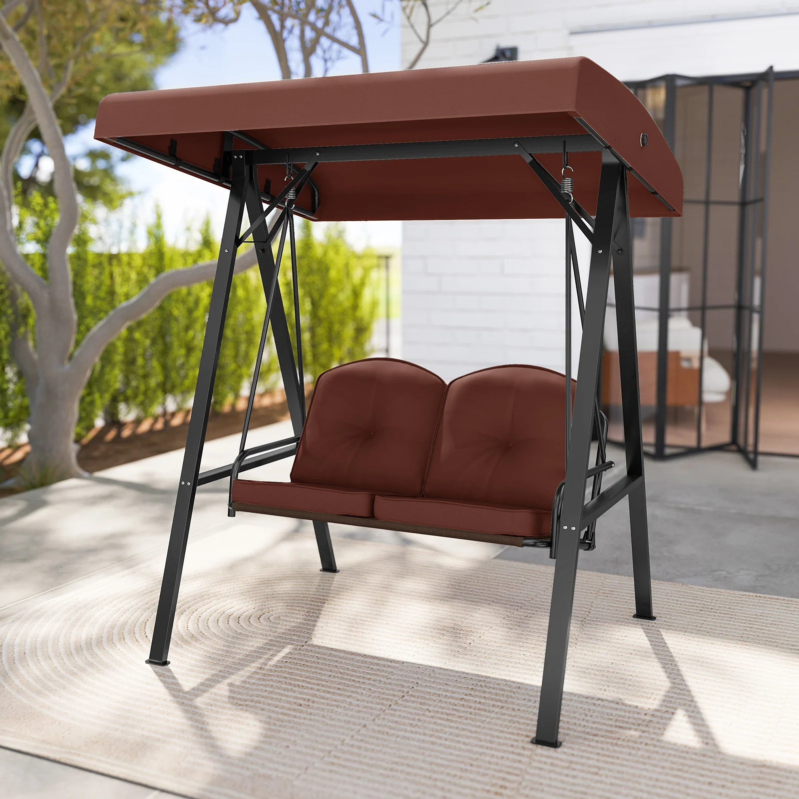 2-Person Porch Swing, A-Shaped Metal Stand, Adjustable Canopy, Brown - Image 3
