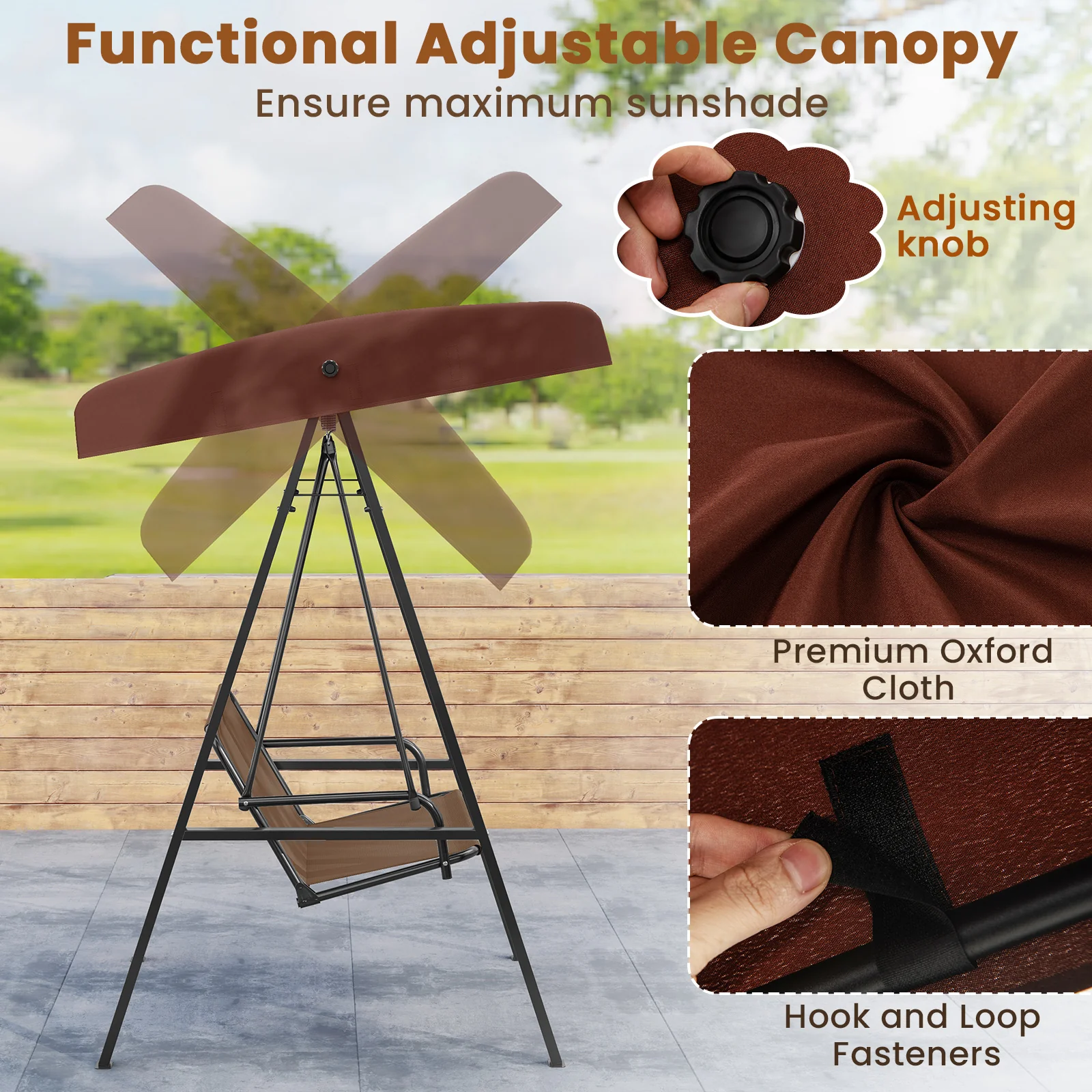 2-Person Porch Swing, A-Shaped Metal Stand, Adjustable Canopy, Brown - Image 7
