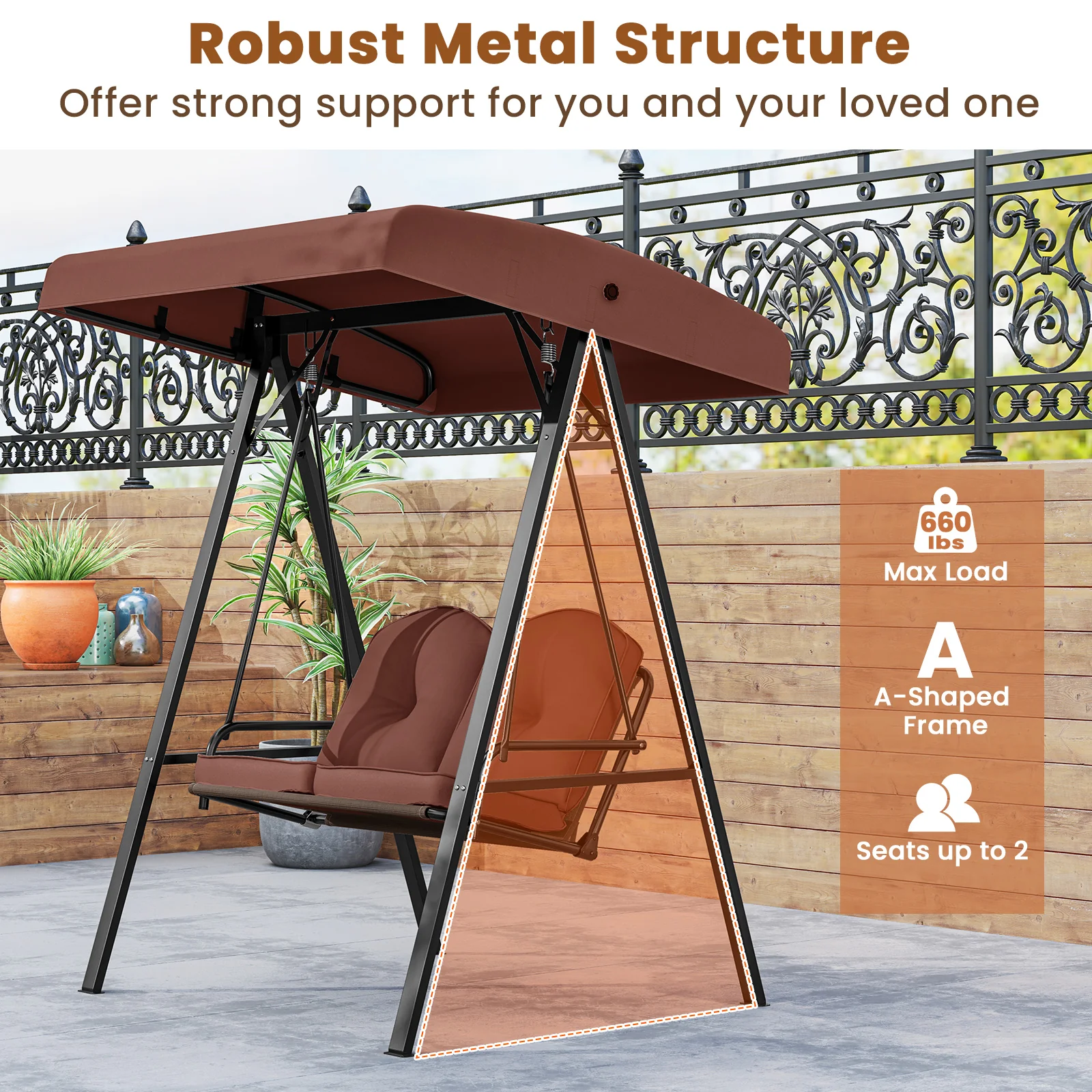 2-Person Porch Swing, A-Shaped Metal Stand, Adjustable Canopy, Brown - Image 8