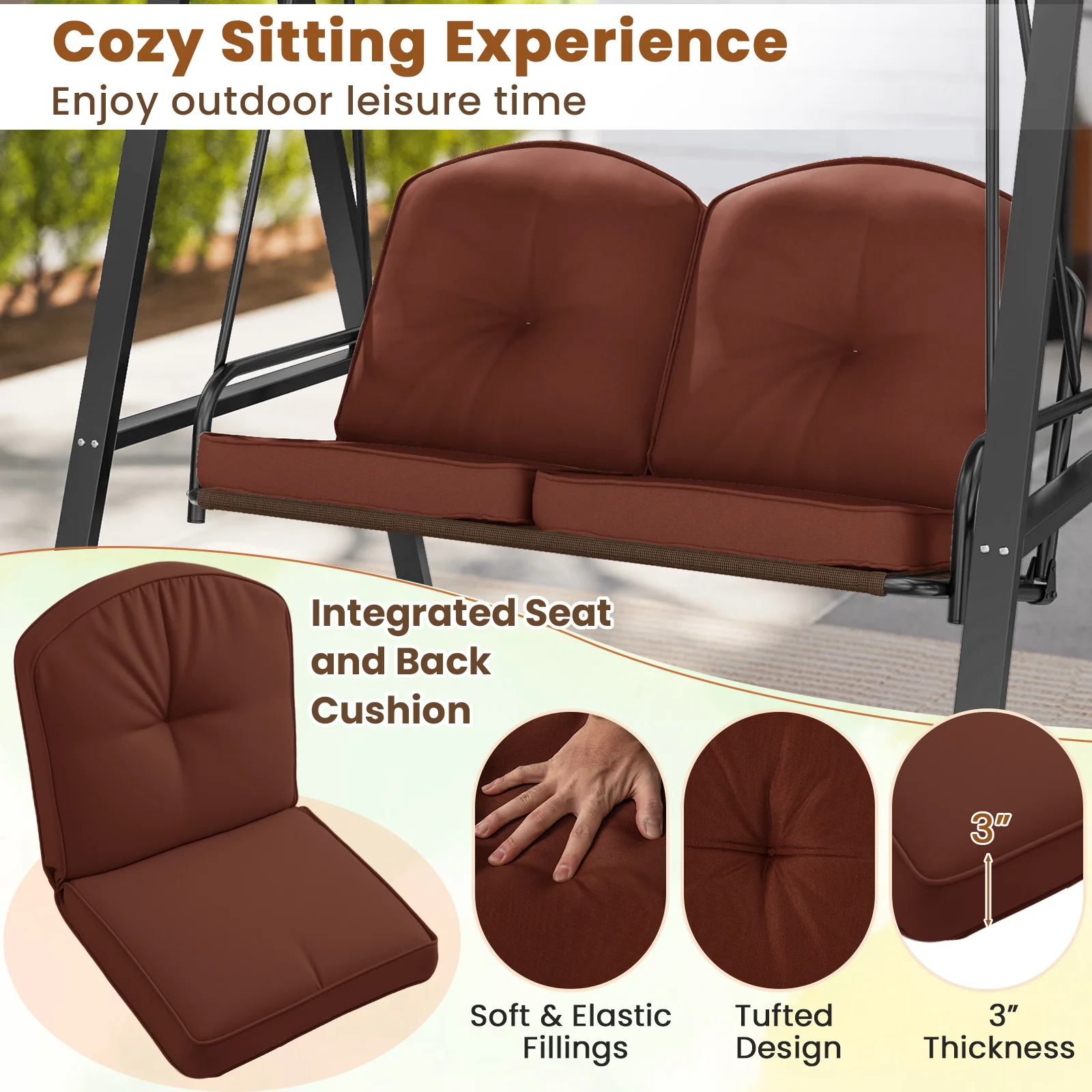 2-Person Porch Swing, A-Shaped Metal Stand, Adjustable Canopy, Brown - Image 9