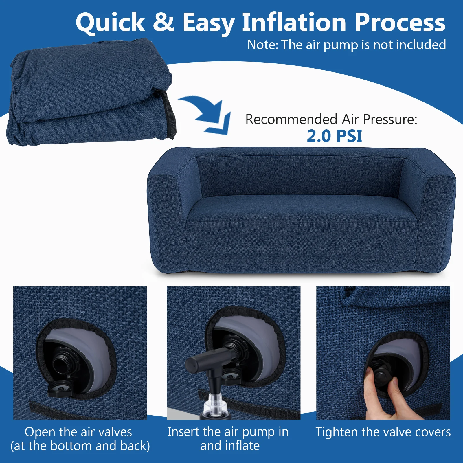 2-Person Portable Blow Up Sofa with Detachable Cover, Blue - Image 9
