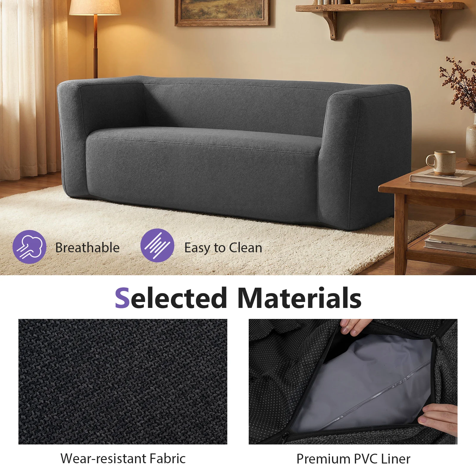 2-Person Portable Blow Up Sofa with Detachable Cover, Gray - Image 8