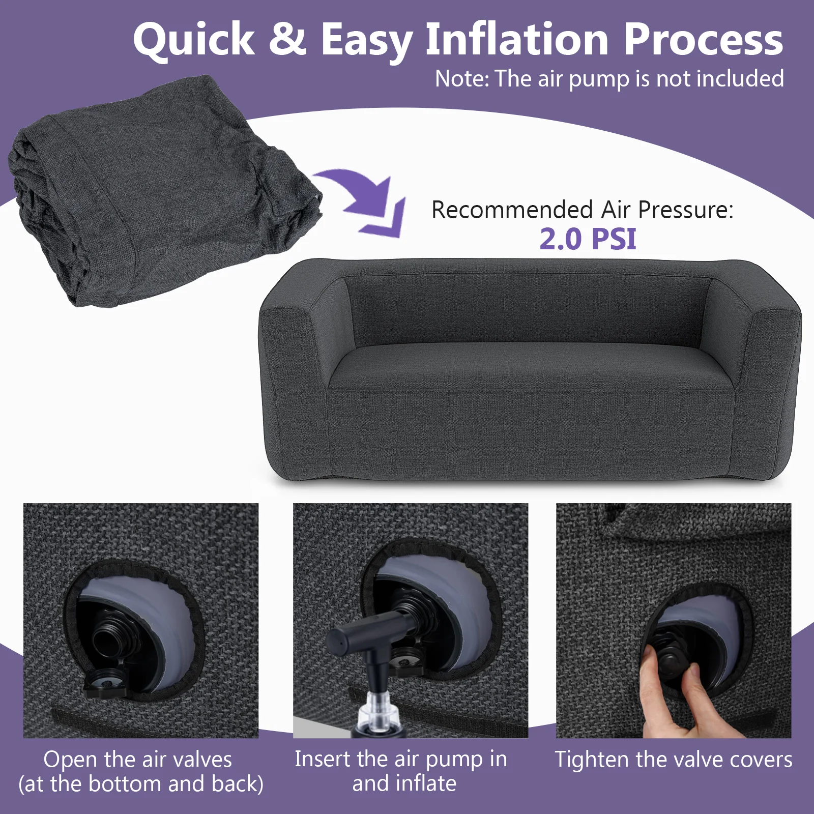 2-Person Portable Blow Up Sofa with Detachable Cover, Gray - Image 9