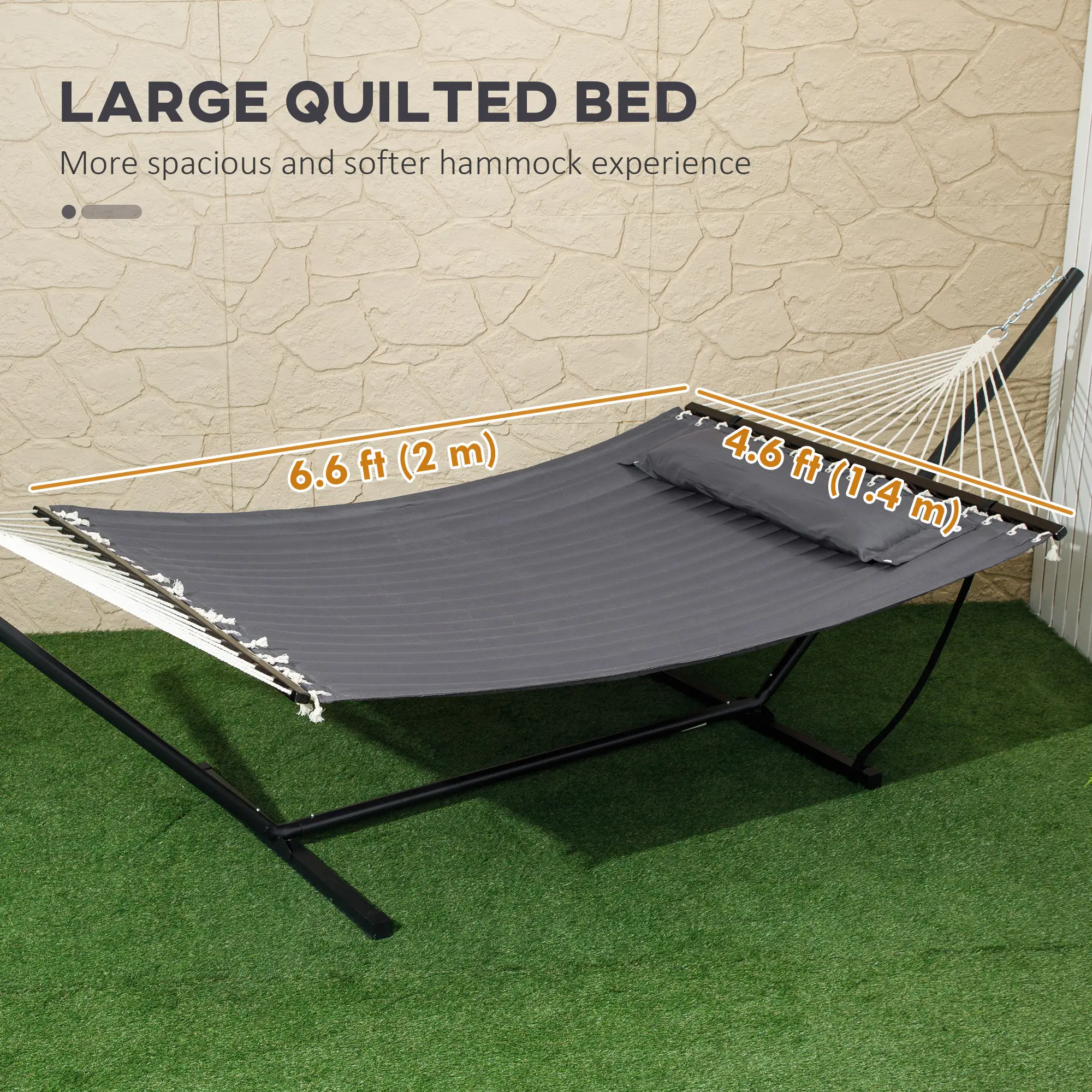 2 Person Quilted Hammock with Stand, Pillow, Spreader Bars, Dark Grey - Image 4
