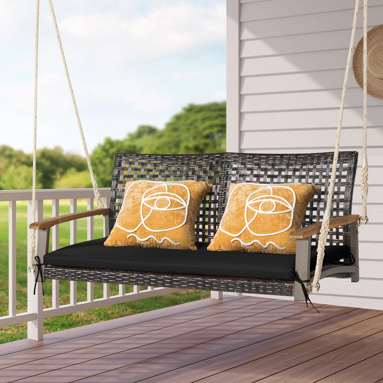 2-Person Rattan Hanging Swing Chair, Black - Image 2
