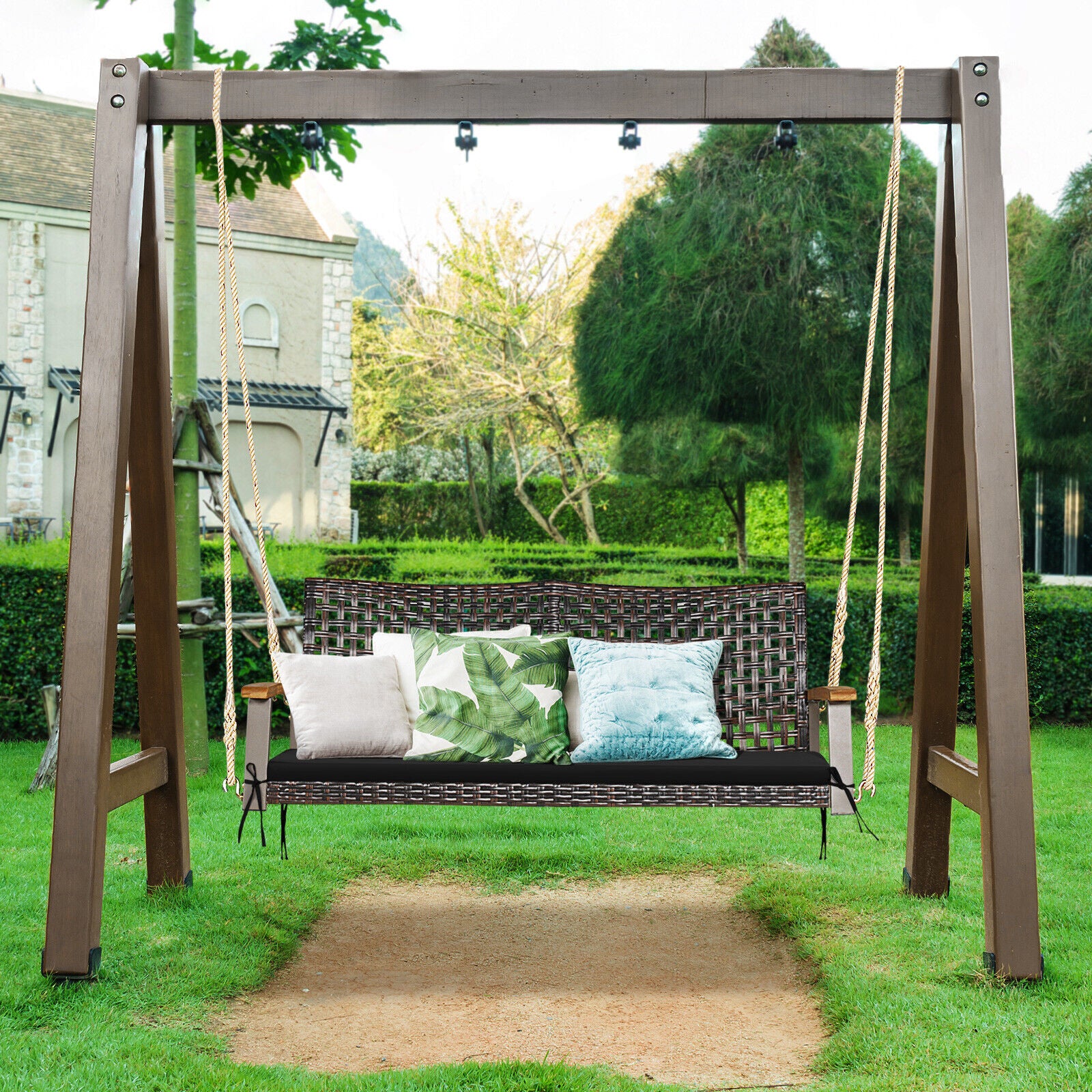2-Person Rattan Hanging Swing Chair, Black - Image 3