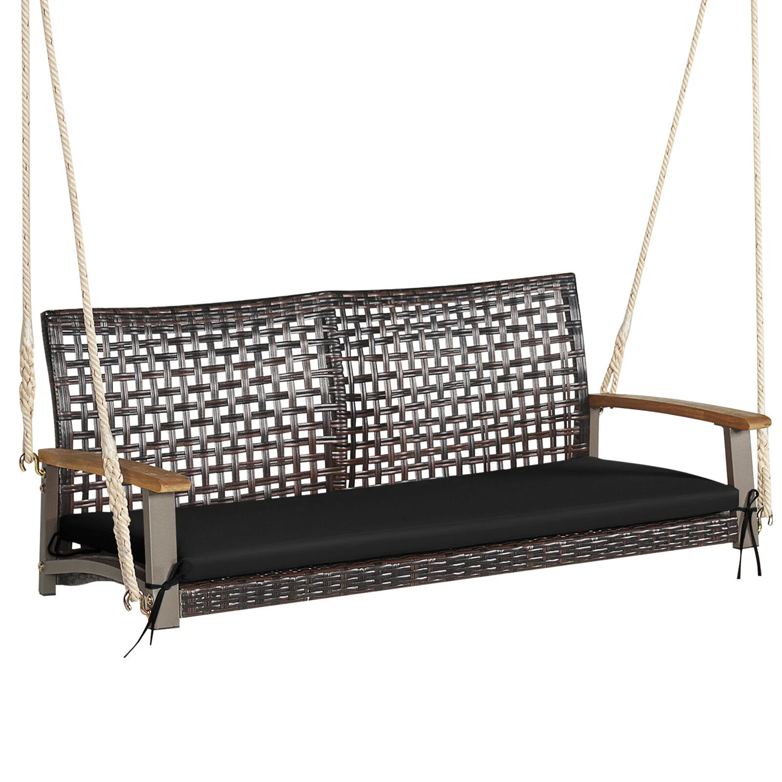 2-Person Rattan Hanging Swing Chair, Black - Image 4