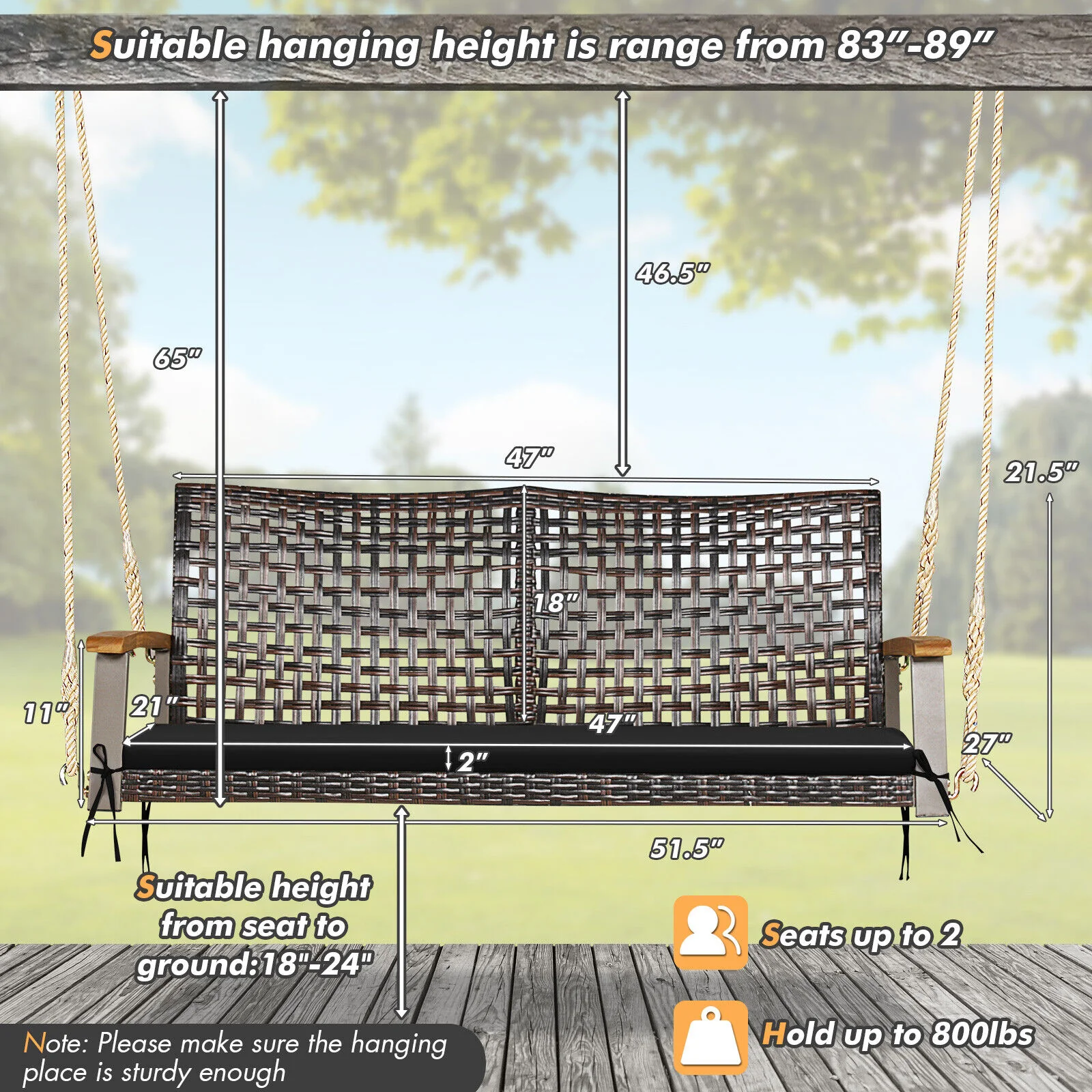 2-Person Rattan Hanging Swing Chair, Black - Image 6