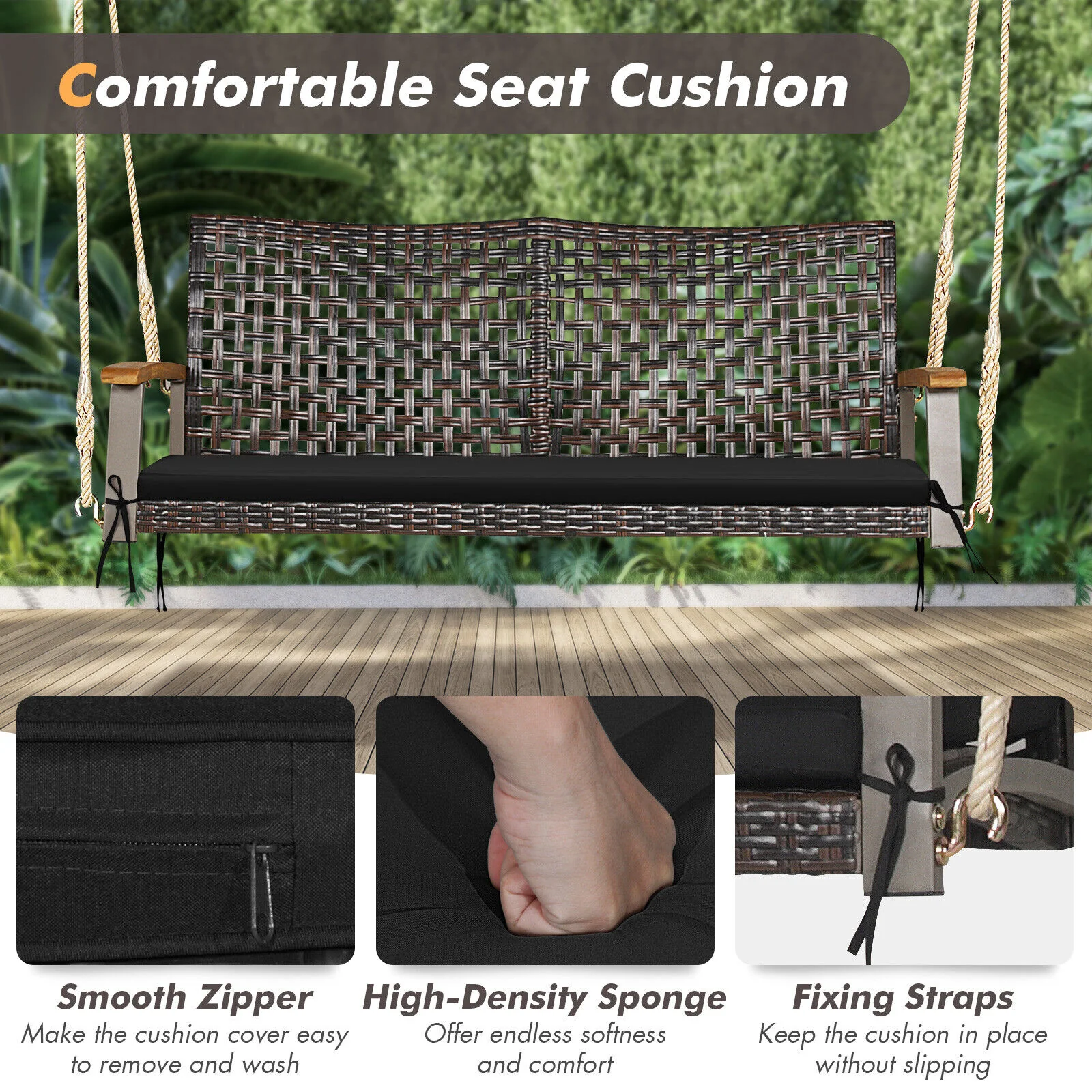 2-Person Rattan Hanging Swing Chair, Black - Image 7