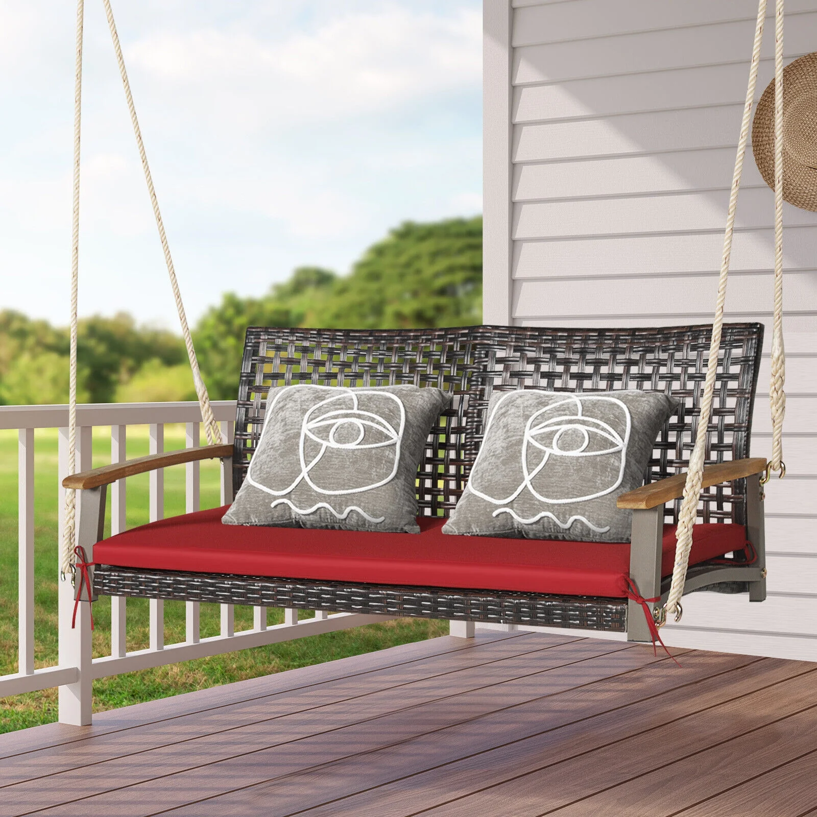 2-Person Rattan Hanging Swing Chair, Red - Image 3