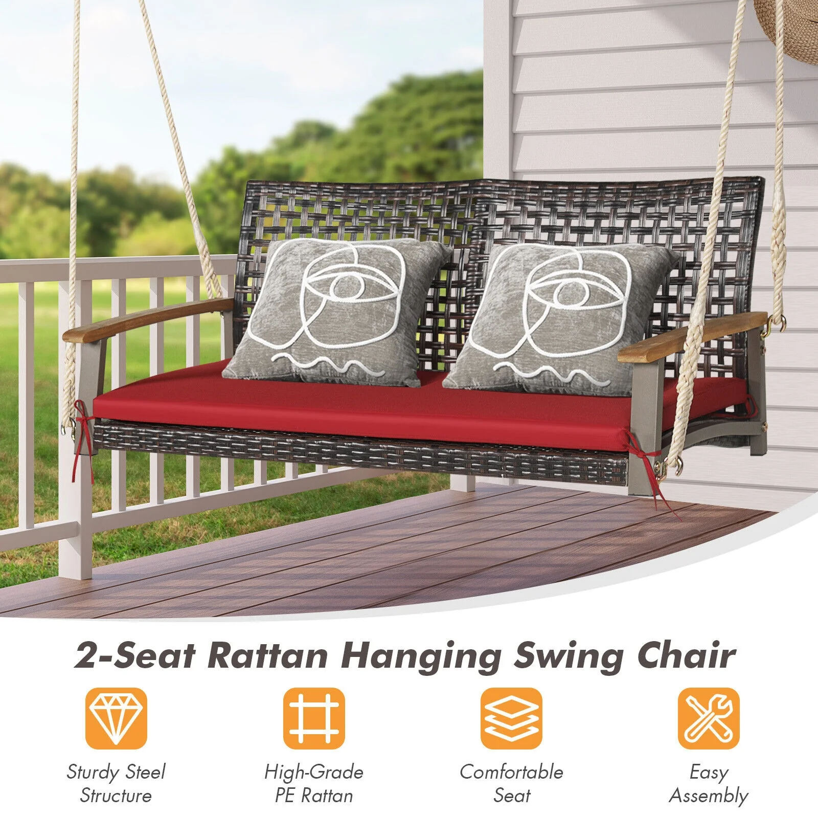 2-Person Rattan Hanging Swing Chair, Red - Image 4