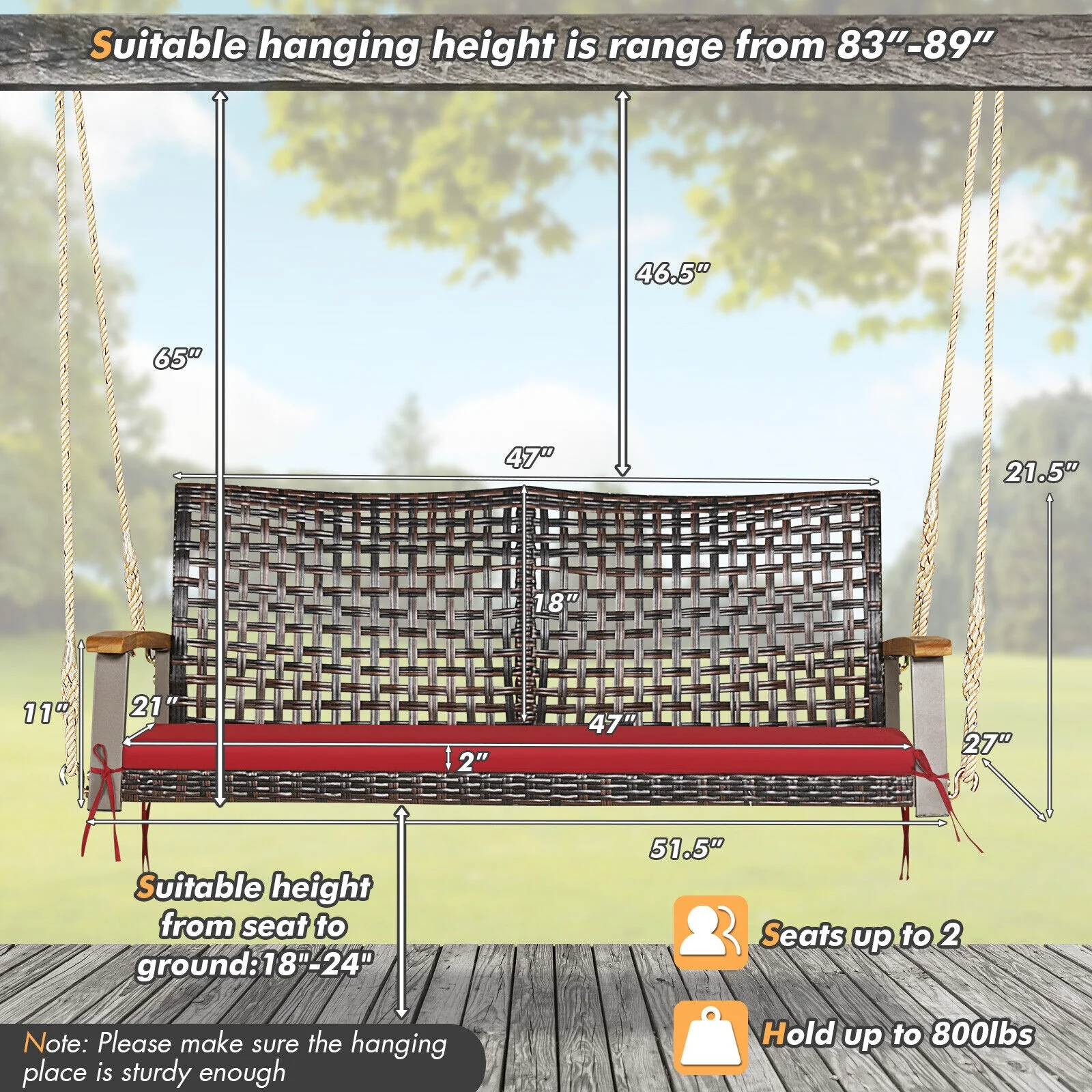 2-Person Rattan Hanging Swing Chair, Red - Image 5