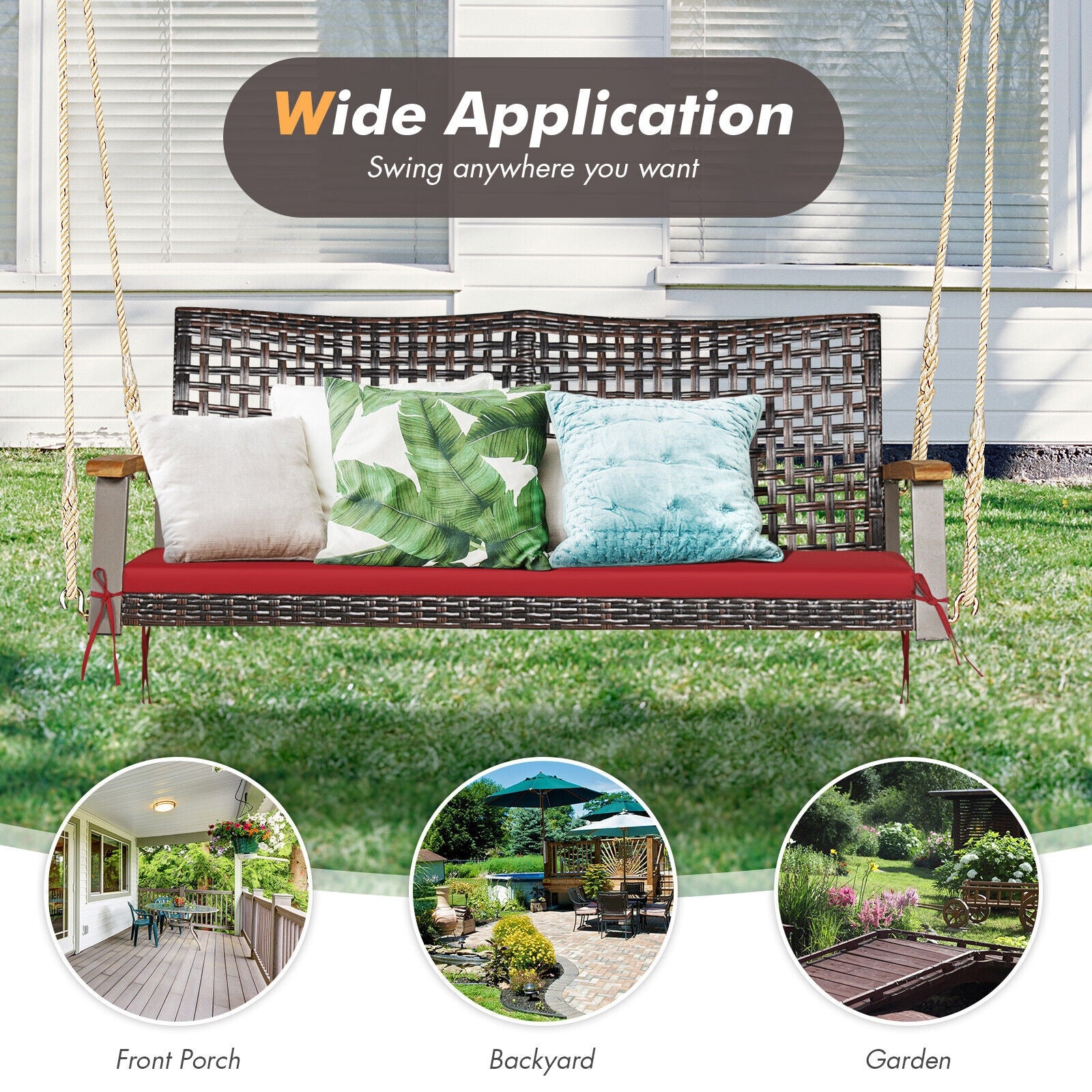 2-Person Rattan Hanging Swing Chair, Red - Image 6