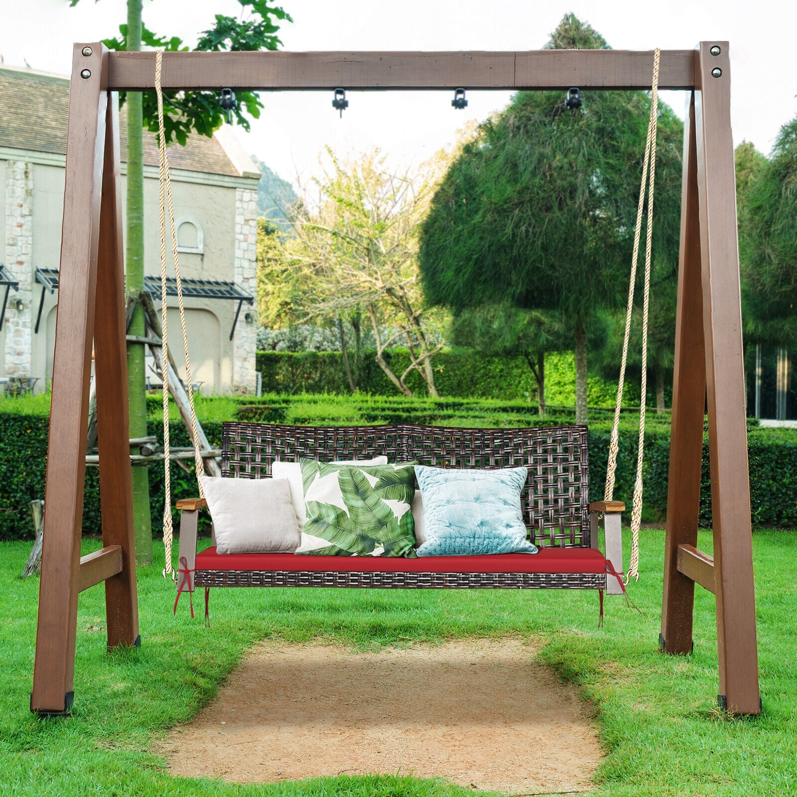 2-Person Rattan Hanging Swing Chair, Red - Image 7