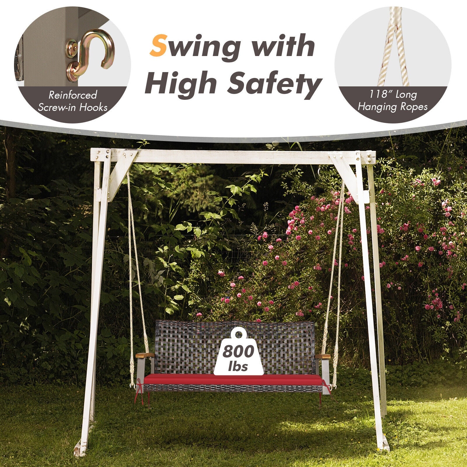 2-Person Rattan Hanging Swing Chair, Red - Image 9