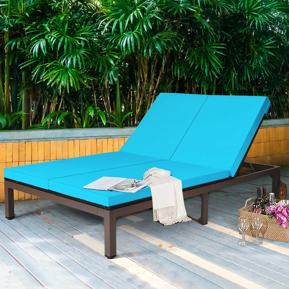 2-Person Rattan Lounge Chair, Adjustable Backrest, Turquoise - Image 2