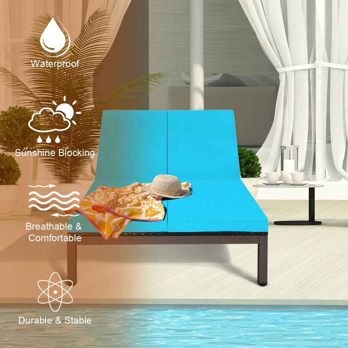 2-Person Rattan Lounge Chair, Adjustable Backrest, Turquoise - Image 4