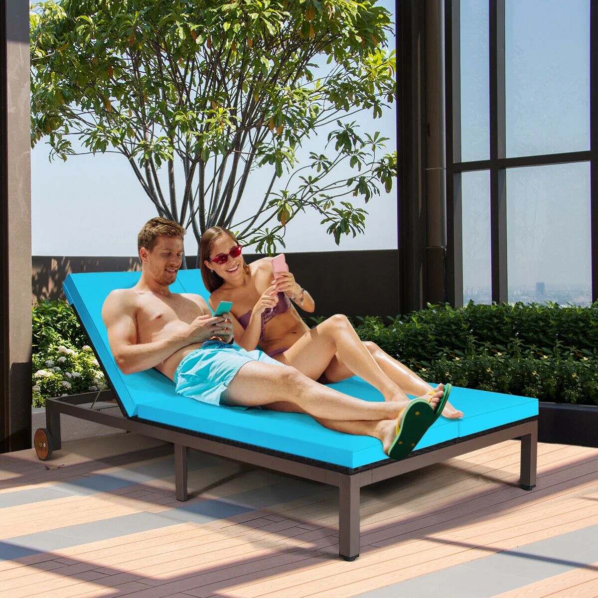 2-Person Rattan Lounge Chair, Adjustable Backrest, Turquoise - Image 8