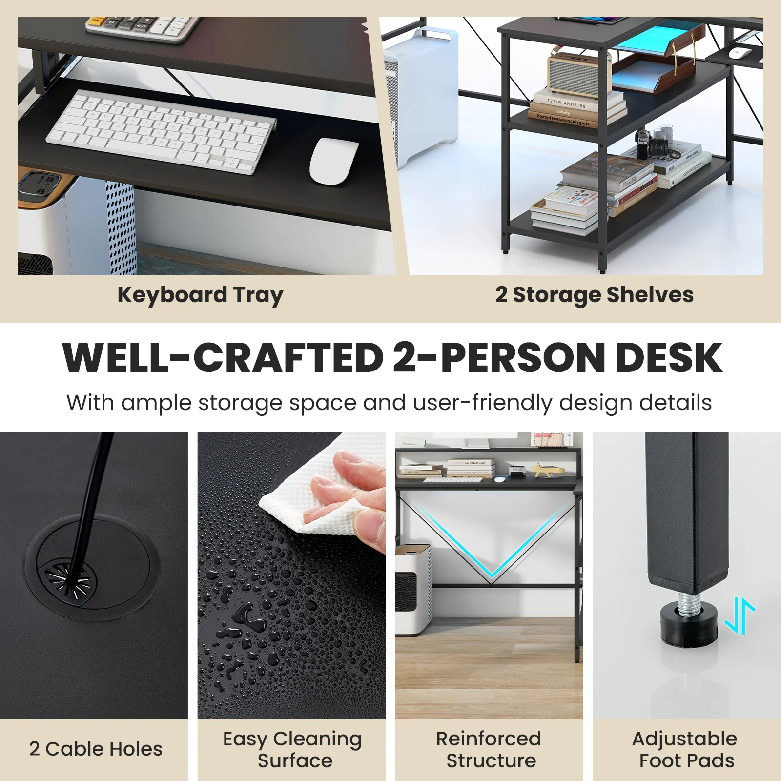 2-Person Reversible Computer Desk, Long Office Desk With LED Lights, Black - Image 10