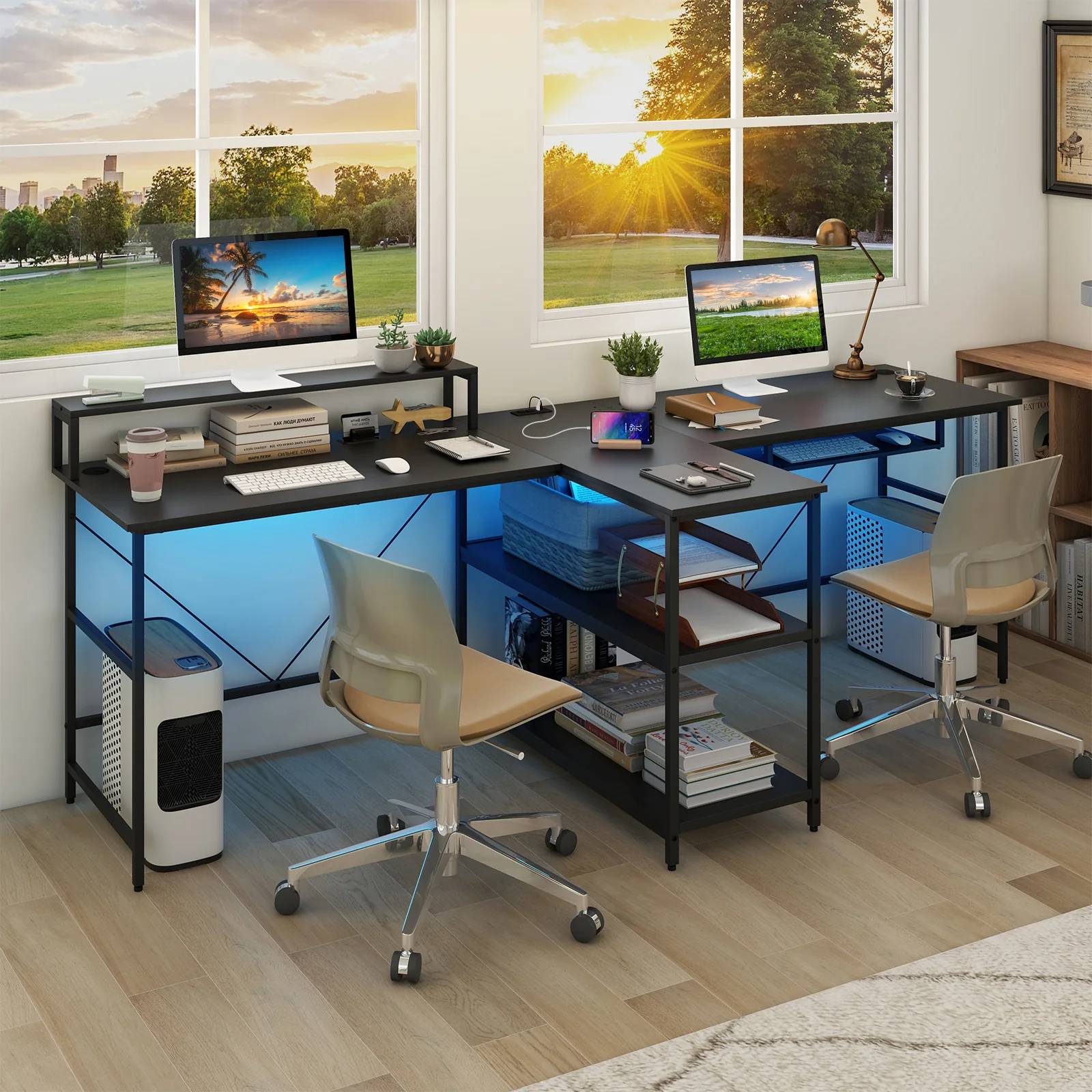 2-Person Reversible Computer Desk, Long Office Desk With LED Lights, Black - Image 2