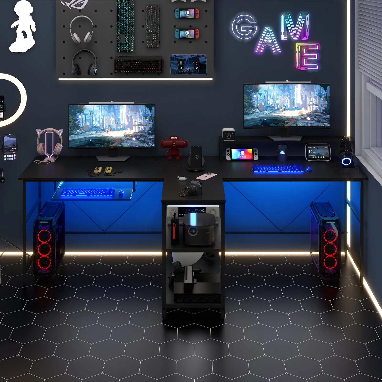 2-Person Reversible Computer Desk, Long Office Desk With LED Lights, Black - Image 3