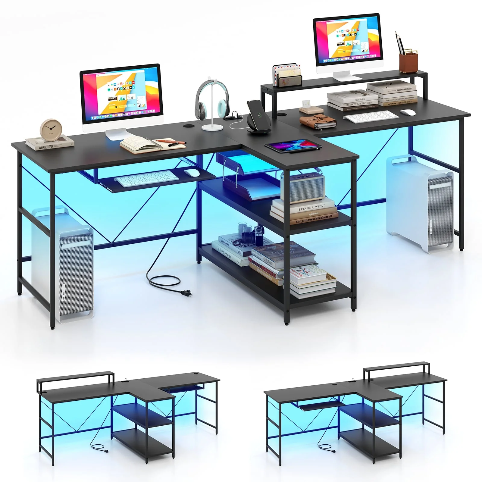 2-Person Reversible Computer Desk, Long Office Desk With LED Lights, Black - Image 4